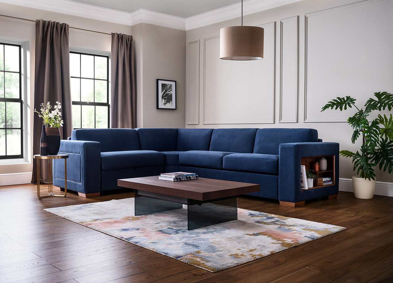 large blue corner sofa bed
